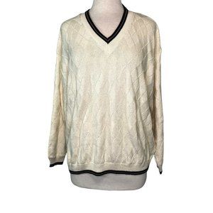 Chelsea Gardens Women's Vintage Diamond Pattern Knit Sweater XL V-neck Cream